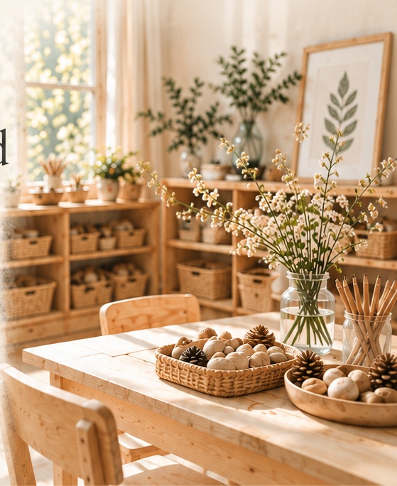 A sunlit classroom with wooden shelves, baskets, natural loose parts, and flowers